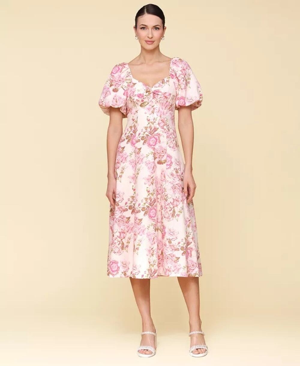 Avec Les Filles Women's Floral Puffed-Sleeve Twist Bodice Midi Dress Pink sz 12